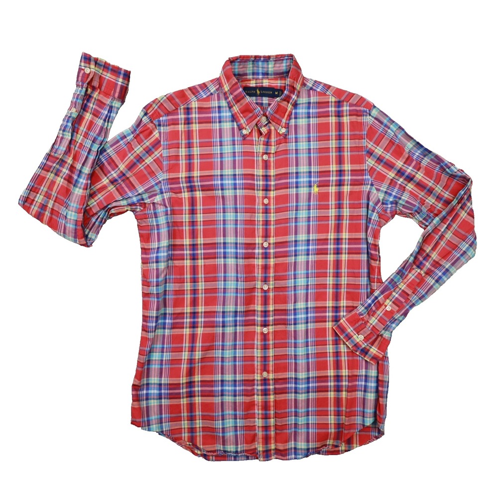 Ralph Lauren Red Blue Plaid Long Sleeve Button Up Shirt Men's Size Medium Preppy